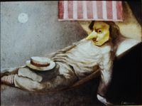 M&aacute;scara con hamaca y luna. &Ouml;leo sobre tablex 40x30