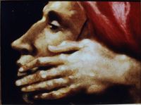 M&aacute;scara y mano. &Oacute;leo sobre tablex 40x30